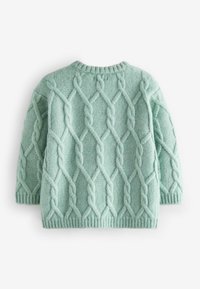 Pull en maille torsadée de couleur vert menthe clair avec des motifs en losange texturés, des poignets et un ourlet côtelés, et un col arrondi.