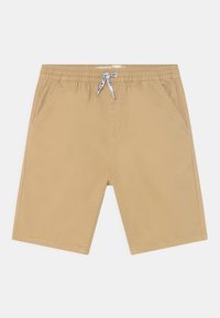 Pantaloni corti beige fino al ginocchio con vita elasticizzata, cordoncino bianco con testo navy e tasche laterali, disposti su uno sfondo bianco.