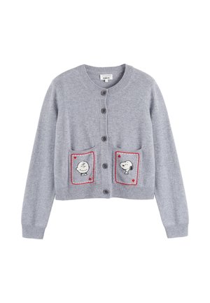 Grauer Cardigan mit Rundhalsausschnitt, ausgestattet mit zwei Taschen, die mit gestickten Peanuts-Charakteren, Snoopy und Charlie Brown, in bunten Rahmen verziert sind.