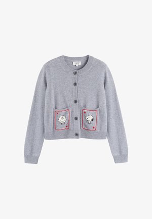 Cardigan grigio con scollatura tonda, dotato di due tasche decorate con personaggi dei Peanuts ricamati, Snoopy e Charlie Brown, all'interno di cornici colorate.
