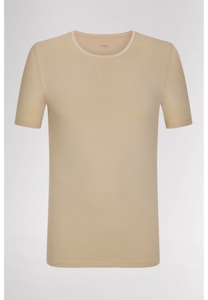 Beige short-sleeve t-shirt with a round neckline. Smooth, lightweight fabric, featuring minimal seams and an even texture throughout.