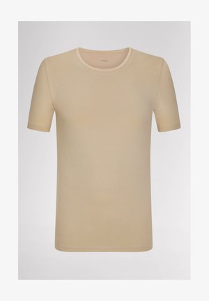 Beige short-sleeve t-shirt with a round neckline. Smooth, lightweight fabric, featuring minimal seams and an even texture throughout.