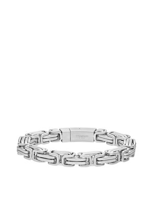 Silver stainless steel bracelet with interconnected rectangular links and a polished finish. Features a clasp engraved with "STEELWEAR."