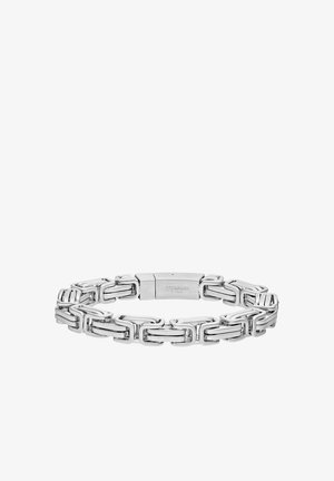 Silver stainless steel bracelet with interconnected rectangular links and a polished finish. Features a clasp engraved with "STEELWEAR."