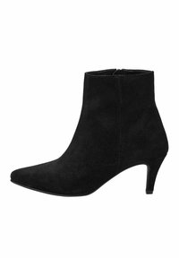 Stivale in suede nero alla caviglia con punta affusolata, tacco sottile e chiusura con zip sul retro. Texture liscia senza motivi o dettagli visibili.