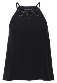 Haut noir sans manches avec une coupe ample, doté d'un col arrondi et d'accents perlés le long des bords. Confectionné dans un tissu lisse.