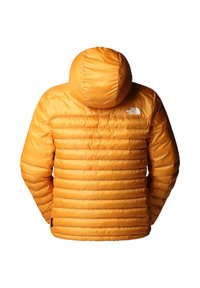 Oranžová péřová bunda s kapucí, horizontálním prošíváním a bílým logem "The North Face" na pravé zadní části, zobrazená zezadu.