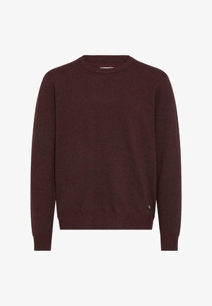 Burgundijas krāsas džemperis ar apaļu kakla izgriezumu, izgatavots no mīksta adīta auduma, ar garām piedurknēm un ribotām apakšmalām. Nav redzamu rakstu vai papildu akcents.