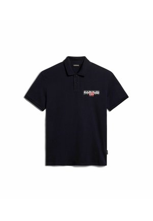 Navy polo shirt made of cotton, featuring a three-button placket, short sleeves, and a logo design on the front.