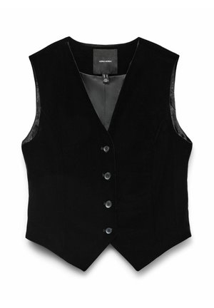 Chaleco de terciopelo negro con escote en V profundo, seis botones frontales y sin mangas, con un forro interior suave y similar a la seda.
