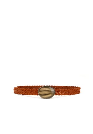 Braided brown leather belt with an oval, polished tiger's eye stone buckle framed in antique brass.