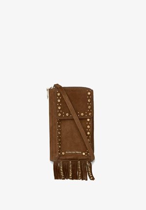 Brown suede crossbody bag with gold studs, front flap, zipper top, fringe tassels, and adjustable strap.