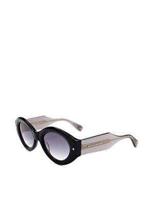 Occhiali da sole rotondi neri con lenti grigie sfumate e aste spesse trasparenti con dettagli dorati e il nome del marchio Scotch & Soda.