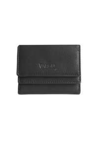 Black leather wallet featuring a smooth texture, folded design, and embossed logo on the front, with visible stitching details.