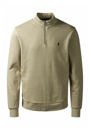 Felpa leggera color khaki con zip a un quarto, polsini a costine e un piccolo logo blu navy sul petto. Materiale morbido in misto cotone.