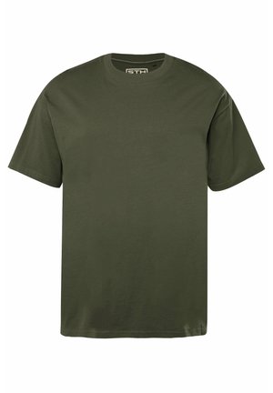 Olijfgroene katoenen T-shirt met ronde hals, korte mouwen en een relaxte pasvorm. Gladde textuur en minimalistisch ontwerp.