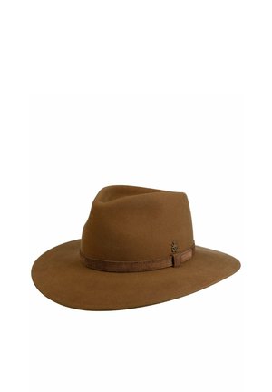 Brown felt fedora hat with a wide brim and a suede band featuring a small metal emblem on the side.