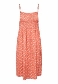 Koralų spalvos suknelė su plonomis petnešėlėmis, vientisu viršumi ir gėlių raštu visame kūne. A-formos siluetas tiesiasi iki vidurio blauzdų. Lengva medžiaga.
