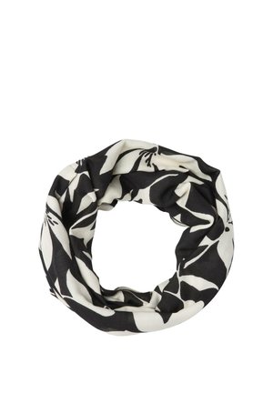 Czarna i biała kominowa szal z wyrazistym kwiatowym wzorem, ułożony w okrągłą pętlę na białym tle.