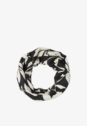 Schwarz-weißer Schlauchschal mit auffälligem Blumenmuster, zu einem kreisförmigen Loop auf weißem Hintergrund gelegt.