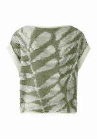 Korte mouwen gebreide top met een groen-wit bladenpatroon, textuurstof en een losse pasvorm met een ronde halslijn.
