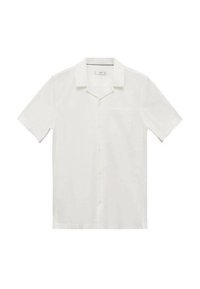 Camicetta bianca a maniche corte realizzata in tessuto leggero. Presenta un colletto a camicia, una tasca frontale e un orlo dritto.