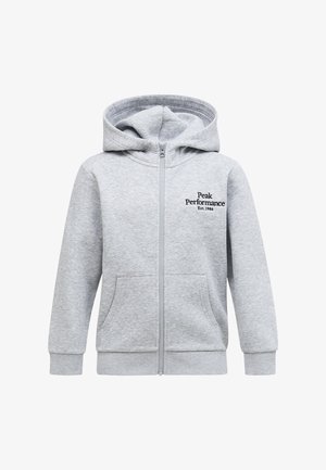 Sweat à capuche gris clair à fermeture éclair intégrale avec poches avant et capuche, arborant un texte noir "Peak Performance Est. 1986" sur le côté gauche de la poitrine.
