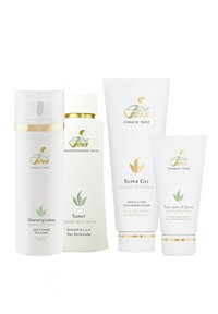 Set aus vier Hautpflegeprodukten in weißer Verpackung mit goldenen Akzenten. Enthält Reinigungsmilch, Toner, Supergel und Triumphcreme.