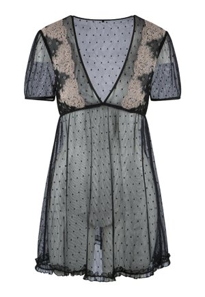 Black sheer dress with short sleeves, dotted pattern, V-neckline, and floral lace detailing on the shoulders. Ruffled hem.
