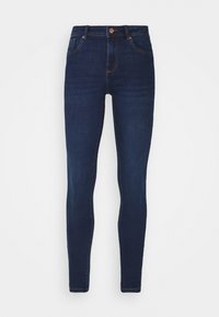 Jeans skinny de talle alto en azul oscuro, con botones delanteros y bolsillos, exhibidos sobre un fondo blanco.