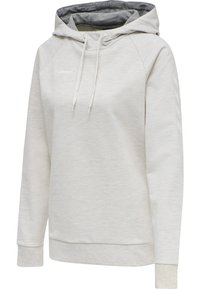 Felpa leggera grigia con cappuccio e coulisse, maniche raglan e fodera interna grigia a contrasto. Presenta motivi a chevron sui lati delle maniche.