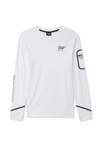 Camicia bianca a maniche lunghe in cotone, con testo grafico nero "NEVER LOOK BACK" e dettagli sulle maniche, scollo arrotondato e vestibilità rilassata.