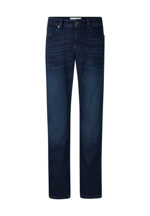 Dark blue denim jeans with a straight-leg cut, five-pocket design, and subtle whisker detailing on the front.