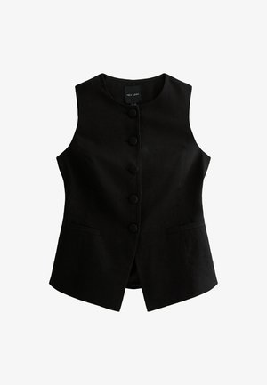 Czarna kamizelka bez rękawów o prostym kroju, z siedmioma guzikami z przodu i dwiema kieszeniami bocznymi. Wykonana z teksturowanej tkaniny.