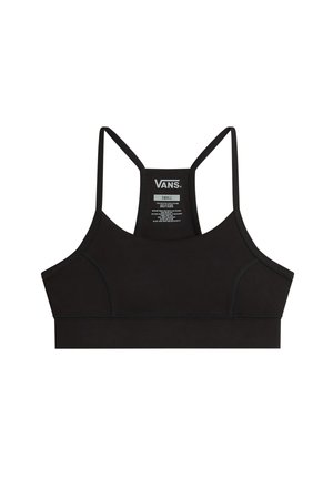 Black sports bra with a fitted design, thin straps, and a tag showing size and brand details. Textured fabric with no visible patterns.
