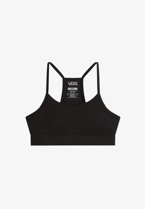 Czarny stanik sportowy o dopasowanym kroju, z cienkimi ramiączkami i metką pokazującą rozmiar oraz szczegóły marki. Teksturowany materiał bez widocznych wzorów.