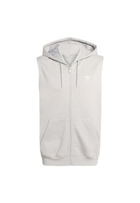 Svetlosivá bezrukávová mikina s kapucňou z bavlnenej zmesi, s predným zipsom, dvoma bočnými vreckami a malým bielym logom na hrudi.