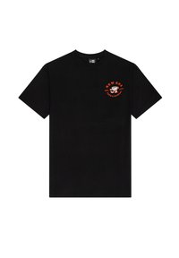 Black cotton t-shirt with short sleeves, featuring a red graphic logo printed on the left chest area. No other designs or patterns visible.