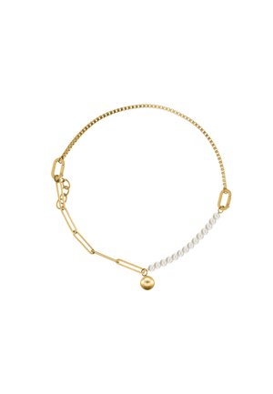 Gold chain necklace featuring a mix of flat and round links, adorned with white pearls and a small golden pendant.