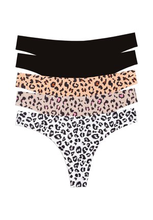 Vier Damen-String-Unterhosen in einem Stapel, darunter einfarbig schwarz und drei Leopardenmuster in verschiedenen Farben.