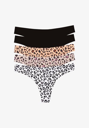 Vier Damen-String-Unterhosen in einem Stapel, darunter einfarbig schwarz und drei Leopardenmuster in verschiedenen Farben.