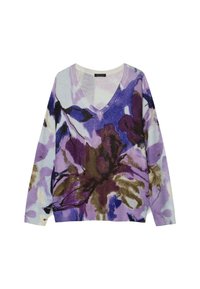 Maglione a V con maniche lunghe, motivo floreale in tonalità di viola, crema e marrone. Realizzato in un morbido tessuto texture.