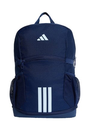 Laivastonsininen Adidas-reppu, jossa yläkahva, etutaskun vetoketju, kaksi verkkopuolen taskua sekä valkoinen Adidas-logo ja kolme raitaa edessä.