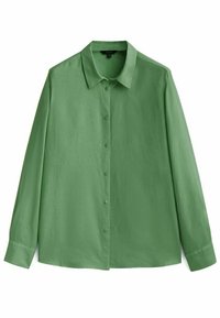 Green long-sleeve button-up shirt with collar, cuffed sleeves, and a smooth fabric texture, shown flat against a white background.