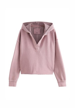 Roze cropped hoodie van zachte stof, voorzien van een trekkoordkap, halflange knoopsluiting en een onafgewerkte zoomafwerking op de mouwen.