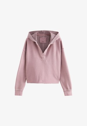 Ružový skrátený mikina z mäkkej tkaniny, s kapucňou na zaväzovanie, polovičným gombíkovým zapínaním a surovým lemovaním na rukávoch.