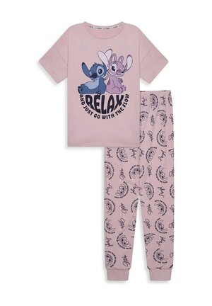 Pink pajama set featuring a short-sleeve top with Stitch and Angel graphics. The pants have a repeating print of character faces and text.