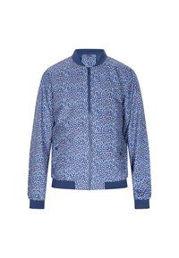 Blauwe bomberjack met een bloemenpatroon en rode en witte accenten, rits aan de voorkant, ribgebreide kraag, mouwen en onderrand. Gemaakt van lichtgewicht stof.