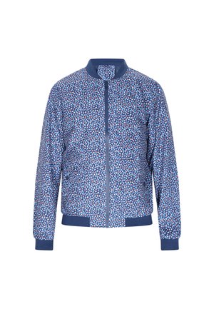 Blauwe bomberjack met een bloemenpatroon en rode en witte accenten, rits aan de voorkant, ribgebreide kraag, mouwen en onderrand. Gemaakt van lichtgewicht stof.