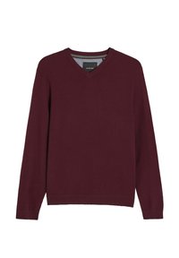 Męski sweter z długim rękawem i dekoltem w serek w jednolitym bordo, z prążkowanymi mankietami i obrębem, prezentowany na białym tle.